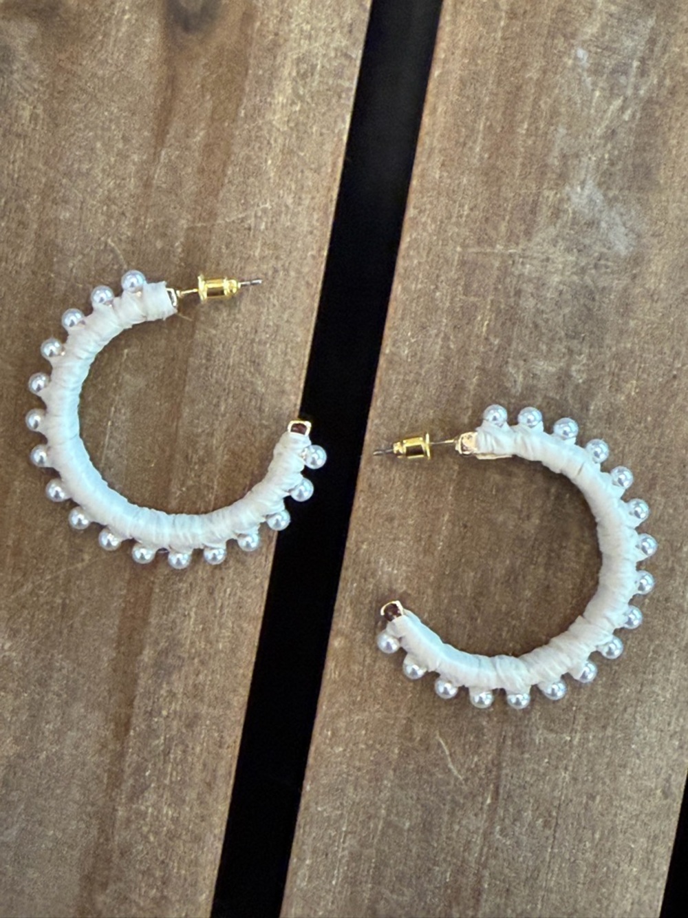 Ivory Raffia Wrapped Hoop Earrings with Faux Pearls